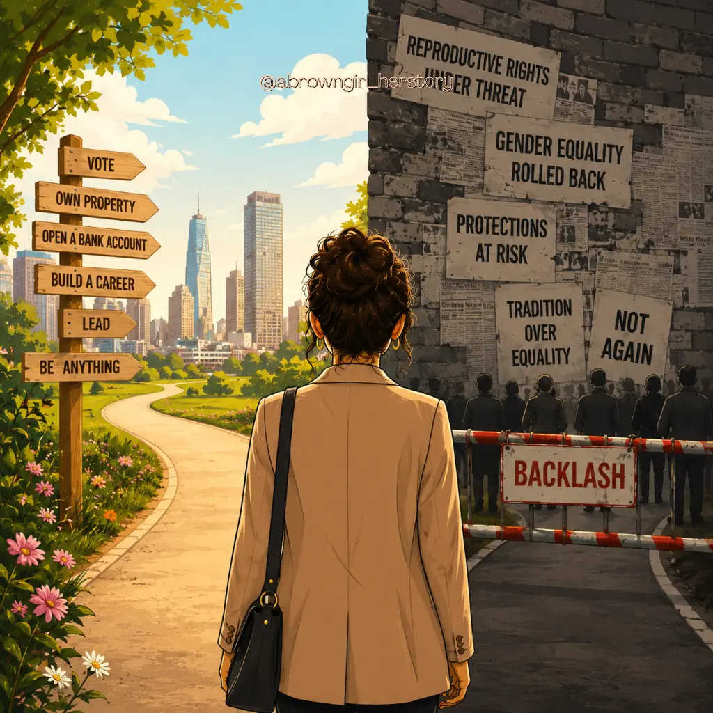 A woman standing in between crossroads